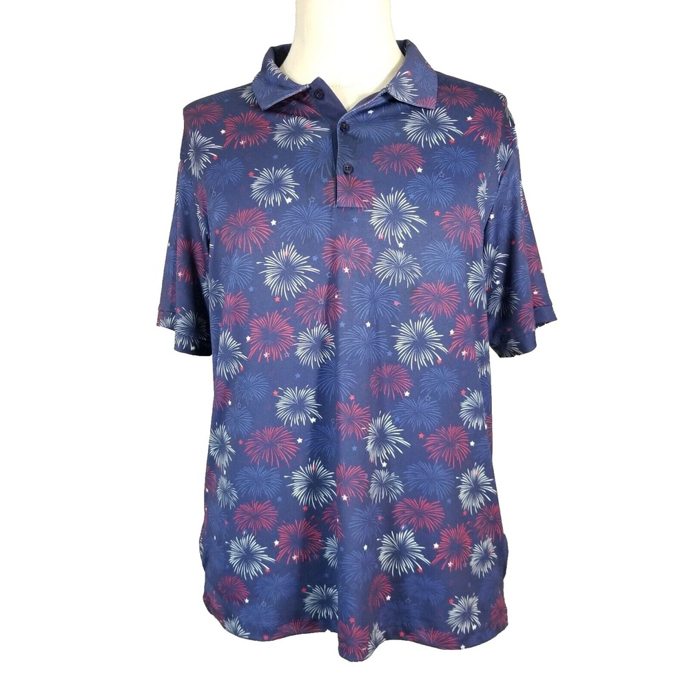 Caddy Cart golf polo shirt men's large Blue fireworks Americana Patriot